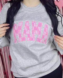 Pink Checkered Mama Applique Embroidered Crewneck Pullover: Large