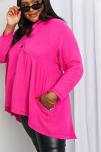 Zenana Bright and Airy Raw Edge Peplum Shirt with Pockets in Hot Pink