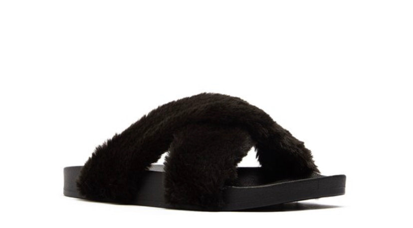 The Crisscross Black Faux Fur Slide Slipper